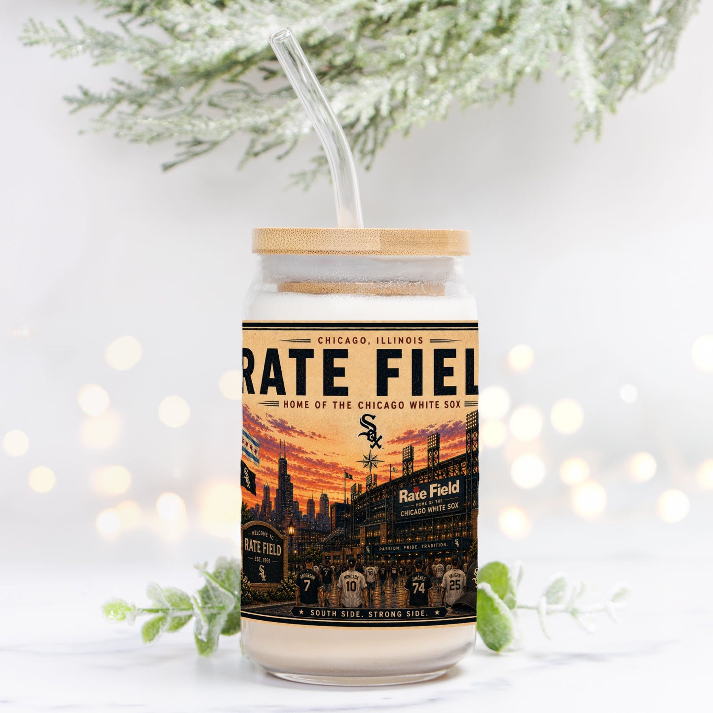 Jar with a lid and straw, featuring 'Rate Field' branding on a white background with blurred lights and greenery.