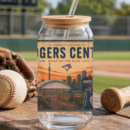 Glass tumbler with a lid featuring Rogers Centre design on a baseball field background