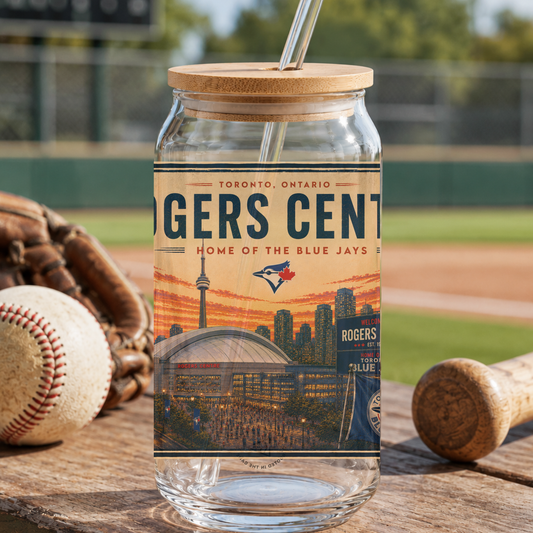 Glass tumbler with a lid featuring Rogers Centre design on a baseball field background