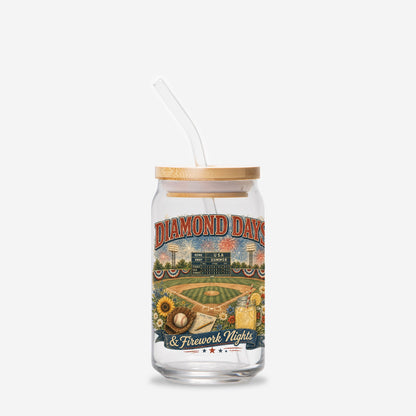 Diamond Days and Firework Nights 4th of July Glass Can 16oz