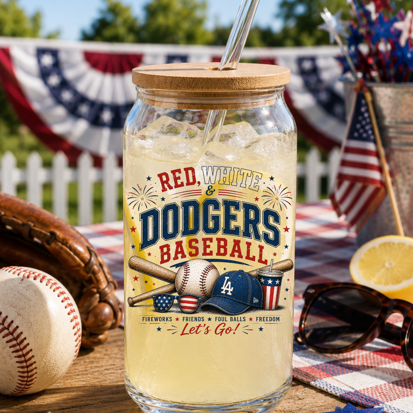 Glass jar with a wooden lid, filled with iced beverage, on a table with baseball-themed decorations.