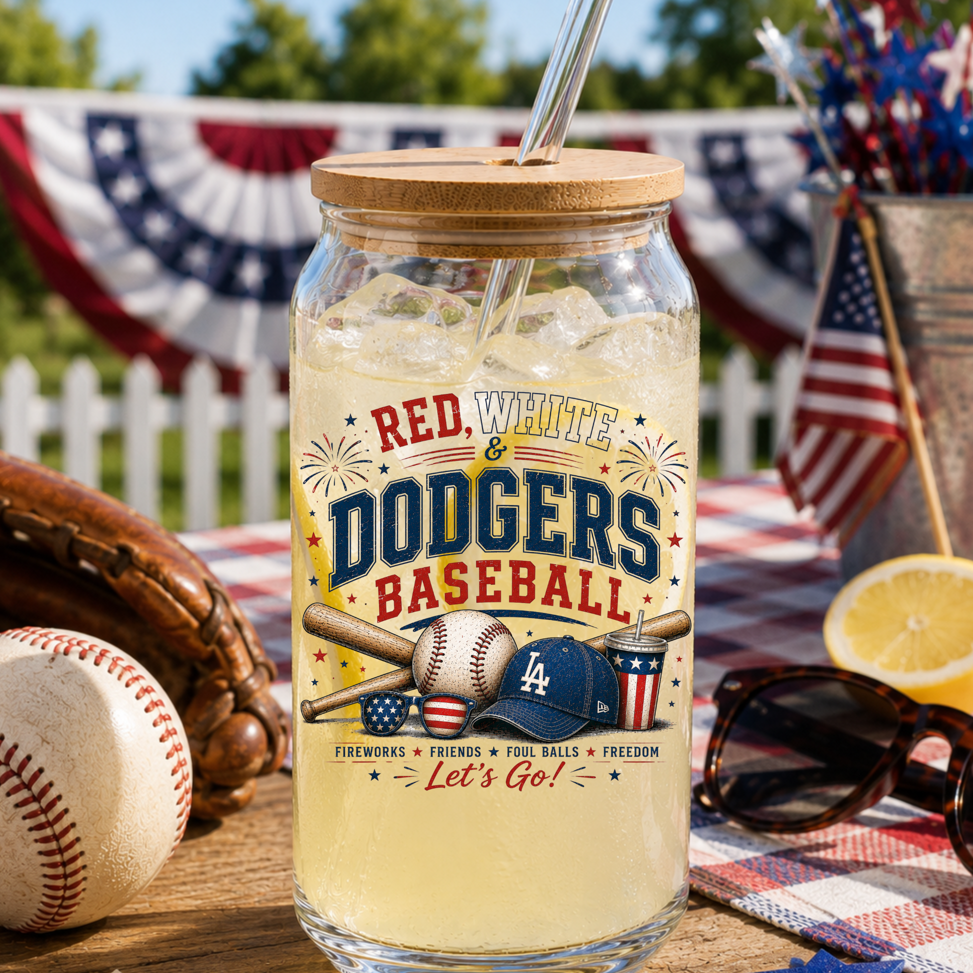Glass jar with a wooden lid, filled with iced beverage, on a table with baseball-themed decorations.