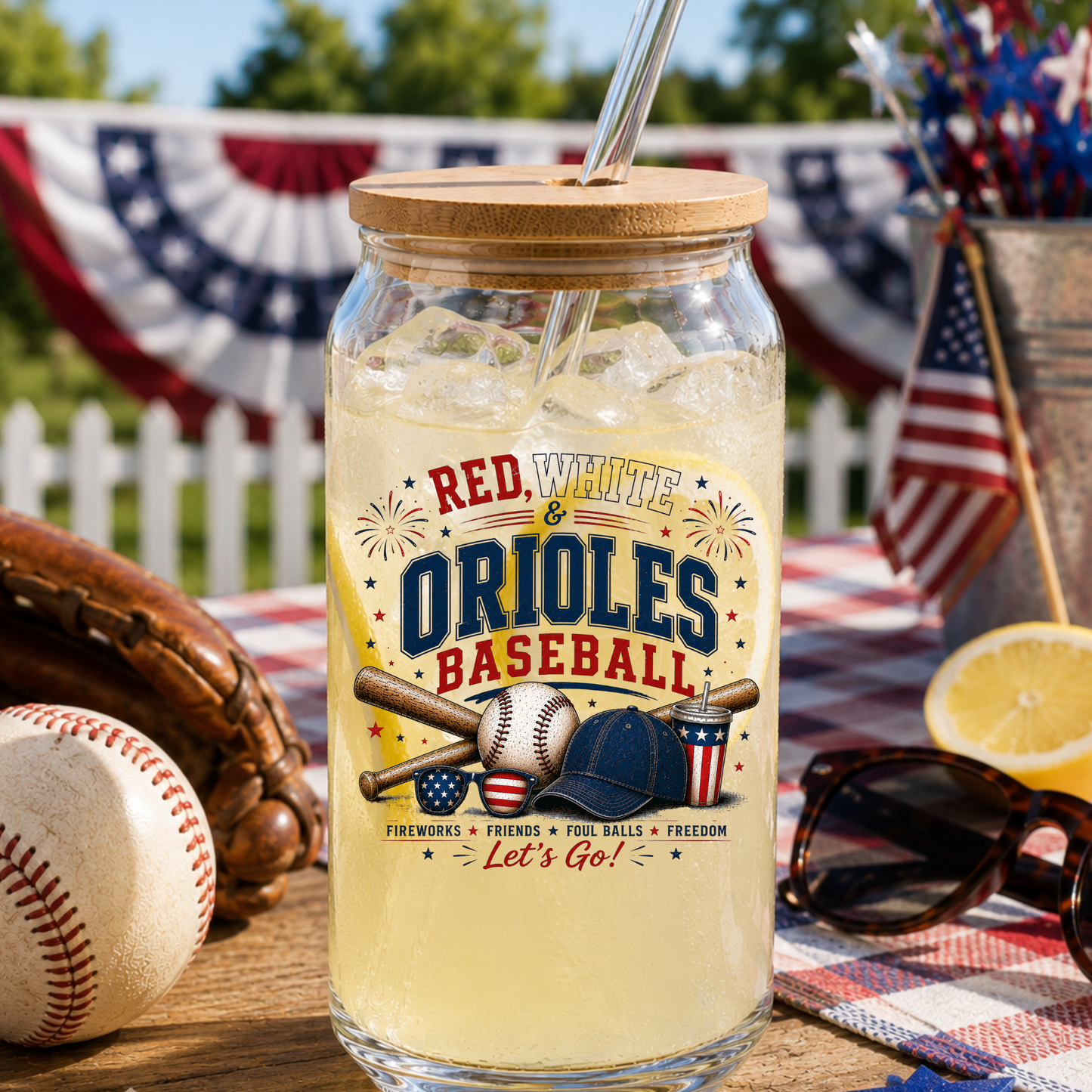 Glass jar with lid containing iced beverage, featuring 'Red, White & Orioles Baseball' design, on a table with baseball equipment and American flags.