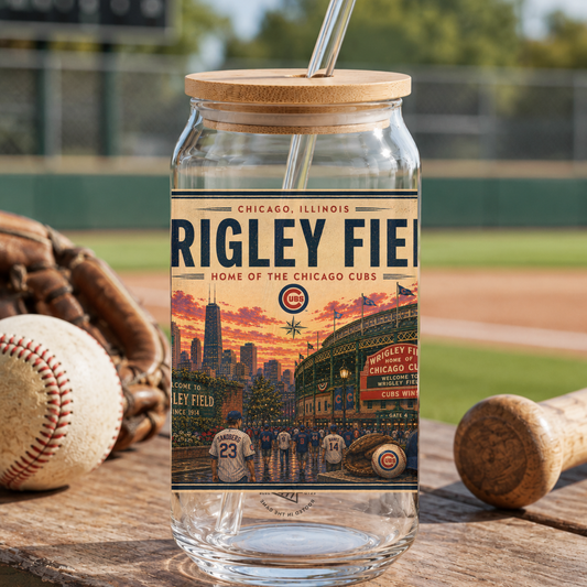 Glass tumbler with a 'Rigley Field' design on a baseball field background