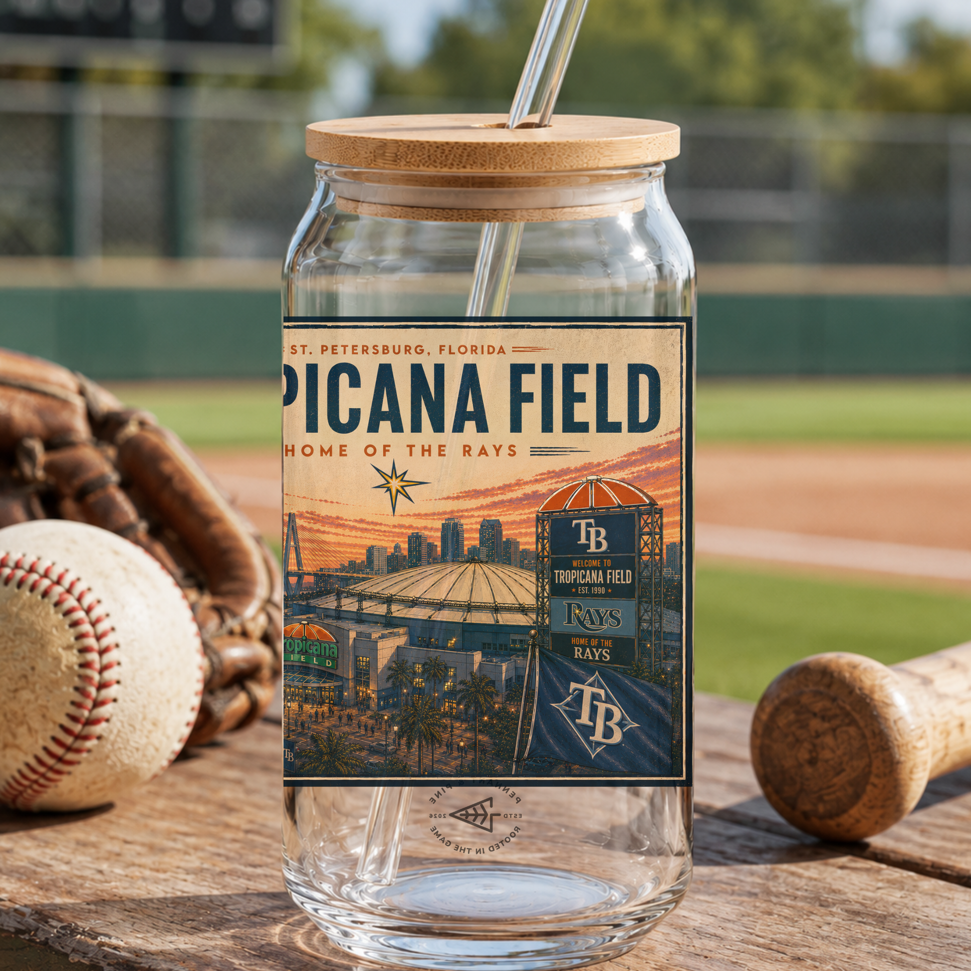 Glass jar with wooden lid and 'PICANA FIELD' label on a baseball field background