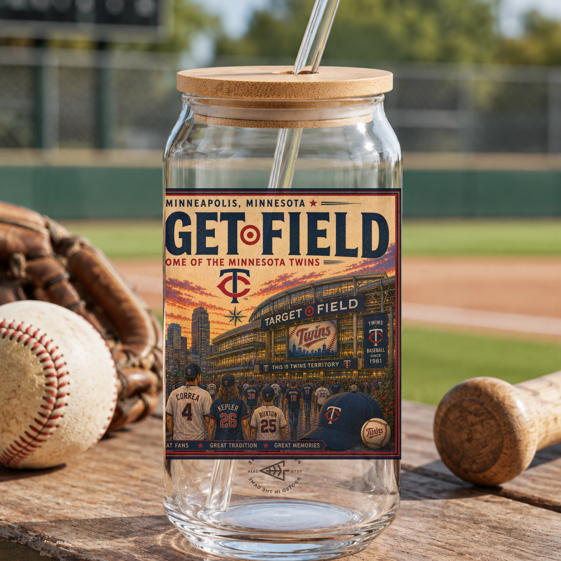 Glass tumbler with 'Get to Field' label featuring a baseball stadium design, surrounded by baseball equipment on a wooden surface.