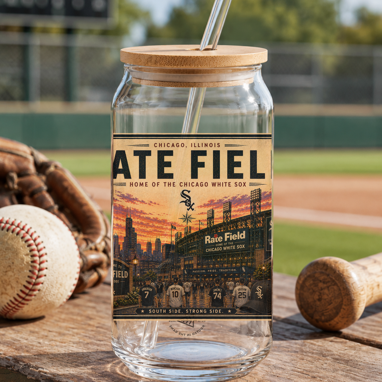 Glass tumbler with 'Ate Fiel' label on a baseball field background