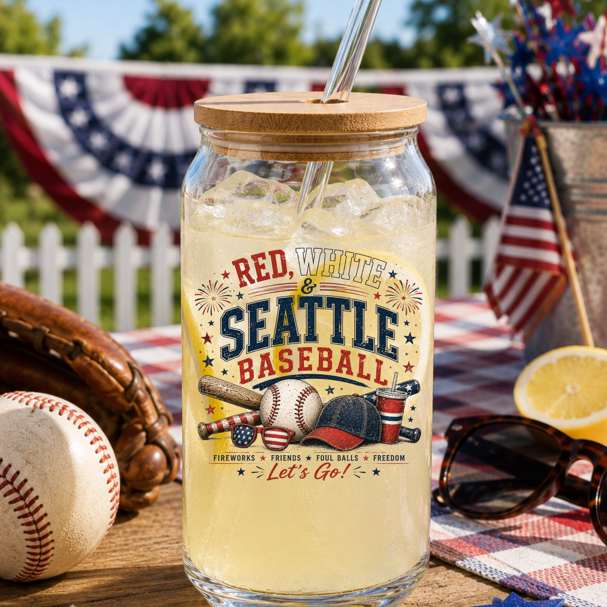 Glass jar with a wooden lid containing a lemonade drink, surrounded by baseball-themed decor.