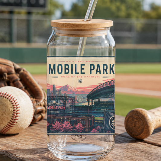 Glass tumbler with 'Mobile Park' label on a baseball field background