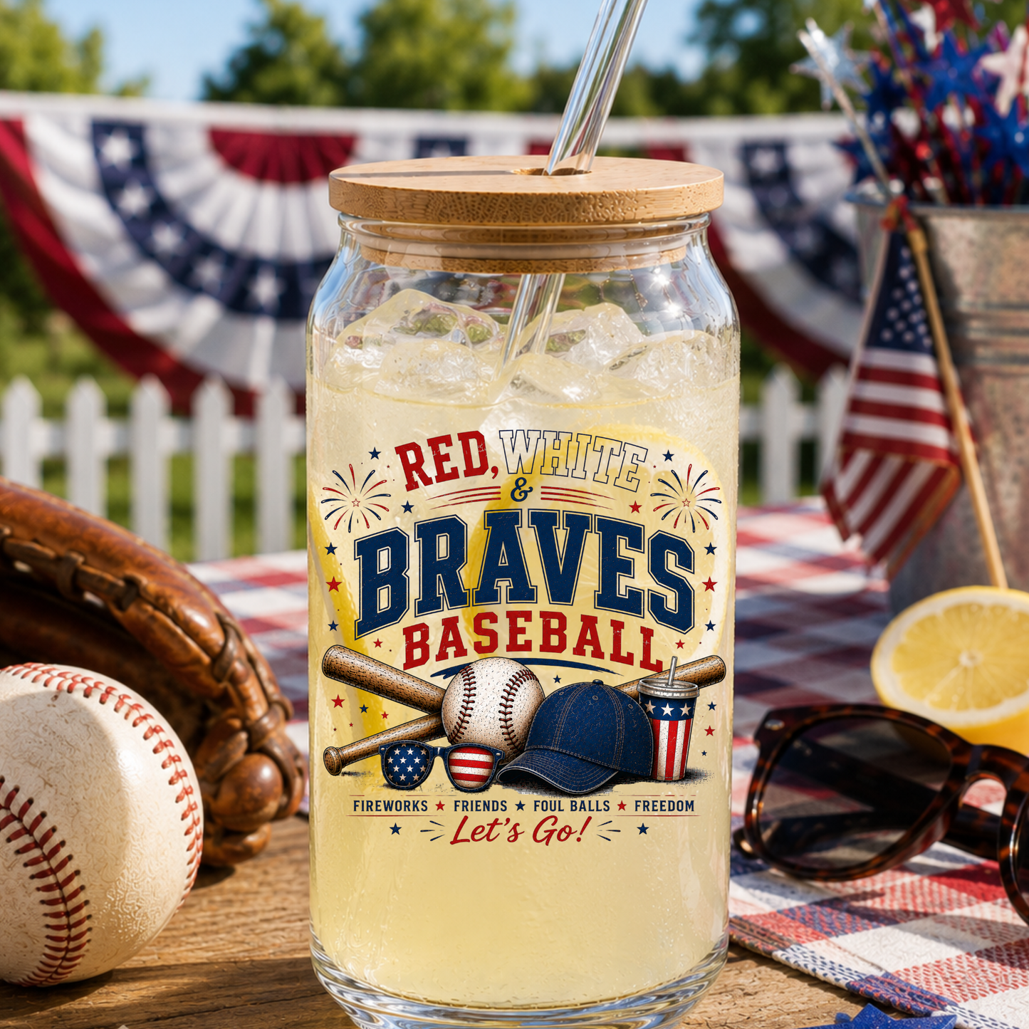 Glass jar with a straw, labeled 'Red, White & Braves Baseball', on a table with baseball-themed decor.