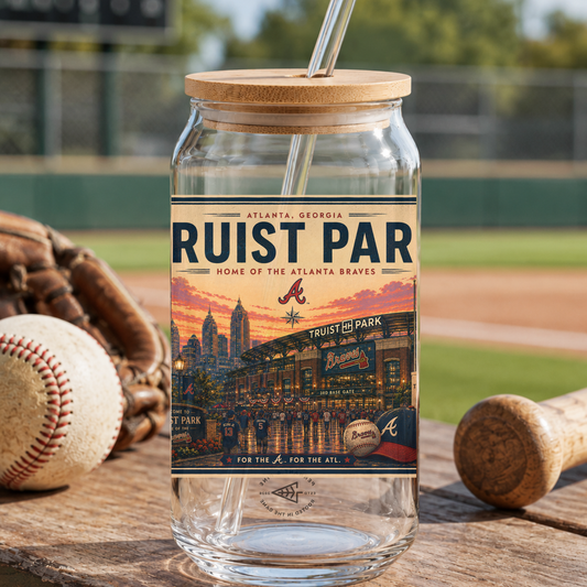 Glass tumbler with a wooden lid on a baseball field, featuring a design of Trust Park and the Atlanta Braves logo.