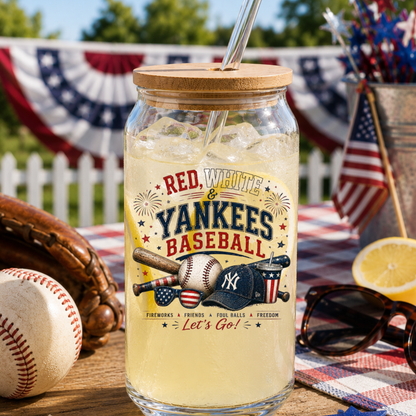 Glass jar with 'Red, White & Yankees Baseball' design on a table with baseball-themed items.