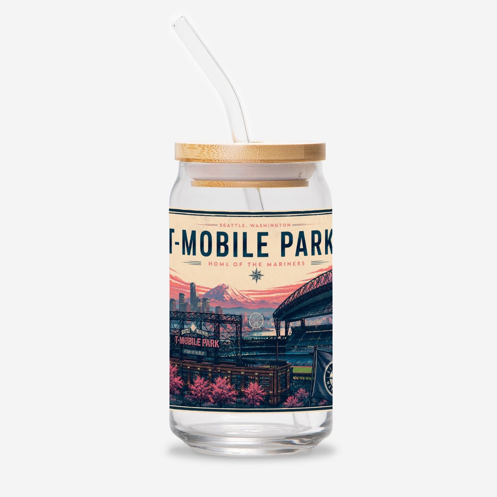 Glass tumbler with a lid featuring a design of a stadium labeled 'T-Mobile Park' on a white background.