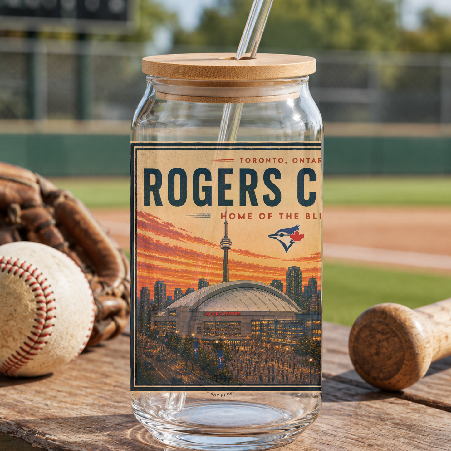 Glass jar with wooden lid and 'Rogers Centre' label on a baseball field background