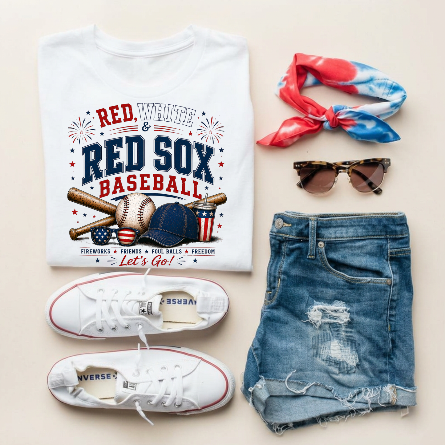 Collection of Red Sox-themed items including a t-shirt, shorts, sneakers, sunglasses, and a headband on a light background.