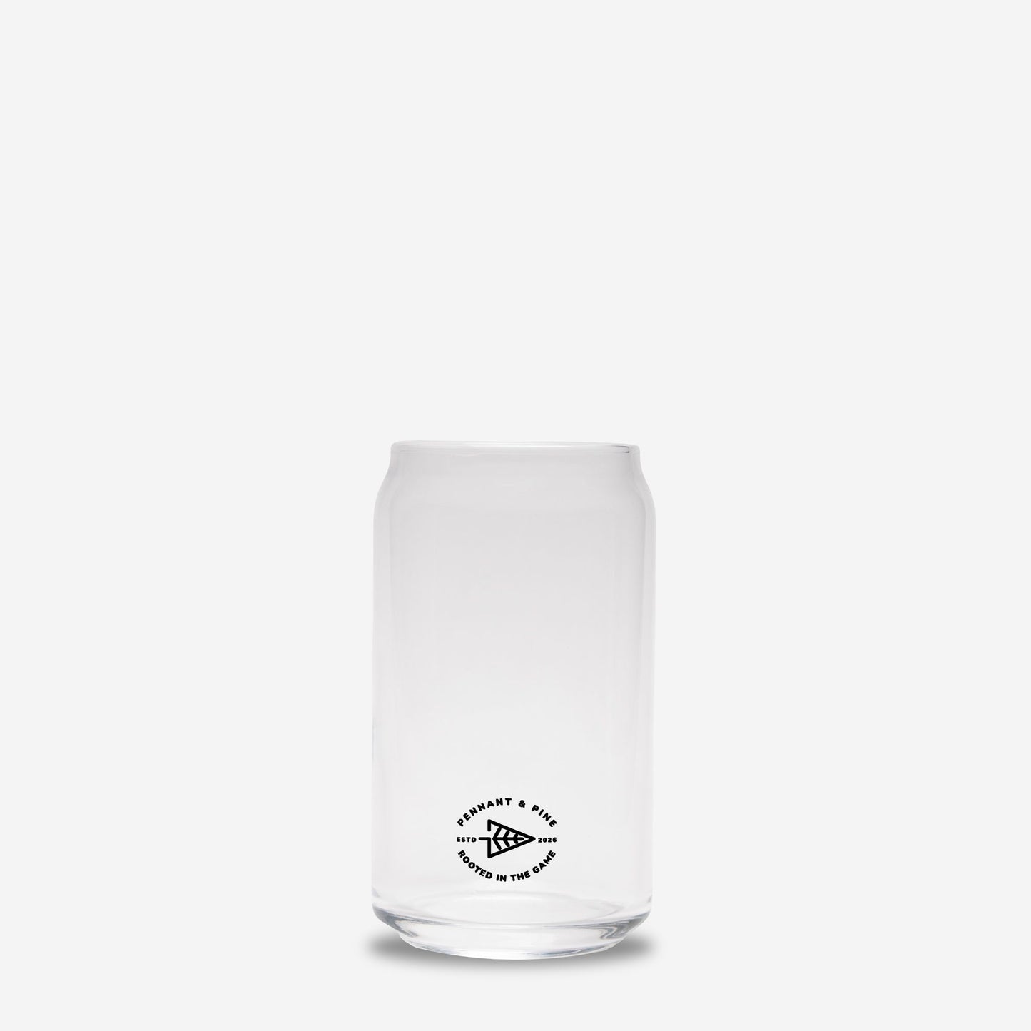 Clear glass tumbler with a black logo on a white background