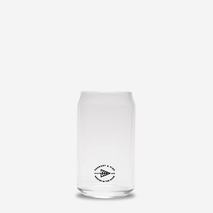 Clear glass tumbler with a black logo on a white background