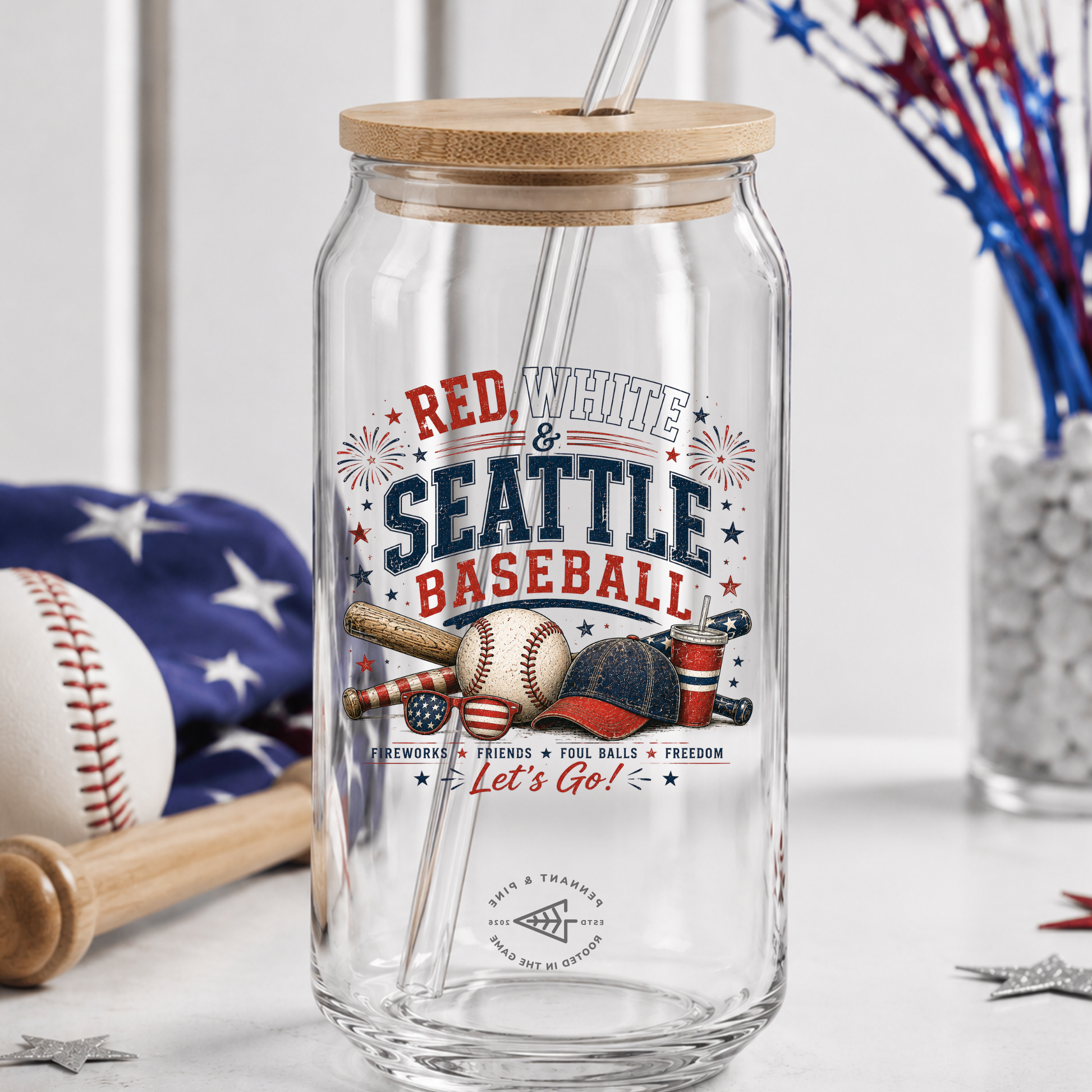 Clear glass tumbler with wooden lid and straw, featuring 'Red, White & Seattle Baseball' design.