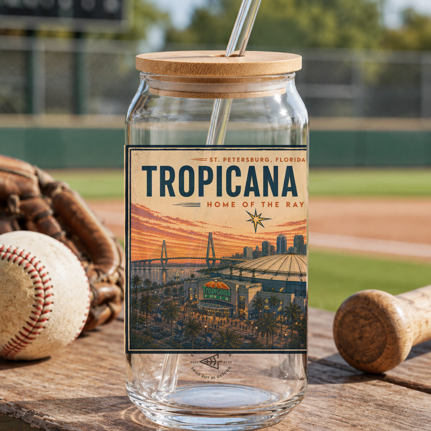 Tropicana Field glass with wooden lid and straw, surrounded by baseball equipment on a field.