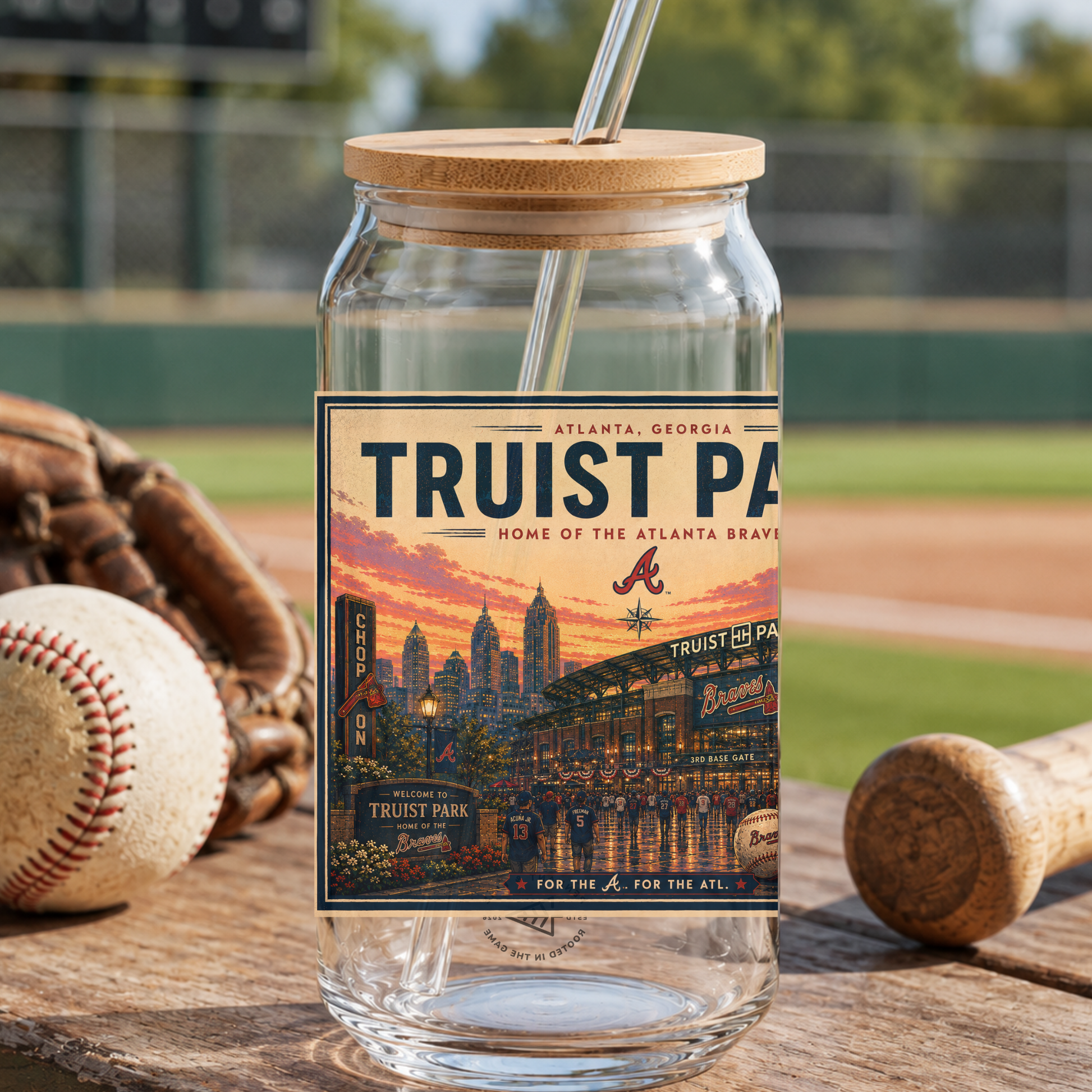 Glass tumbler with a wooden lid and 'Truist Park' label on a baseball field background
