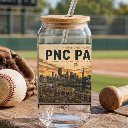 Glass tumbler with wooden lid and 'PNC PA' label on a baseball field background