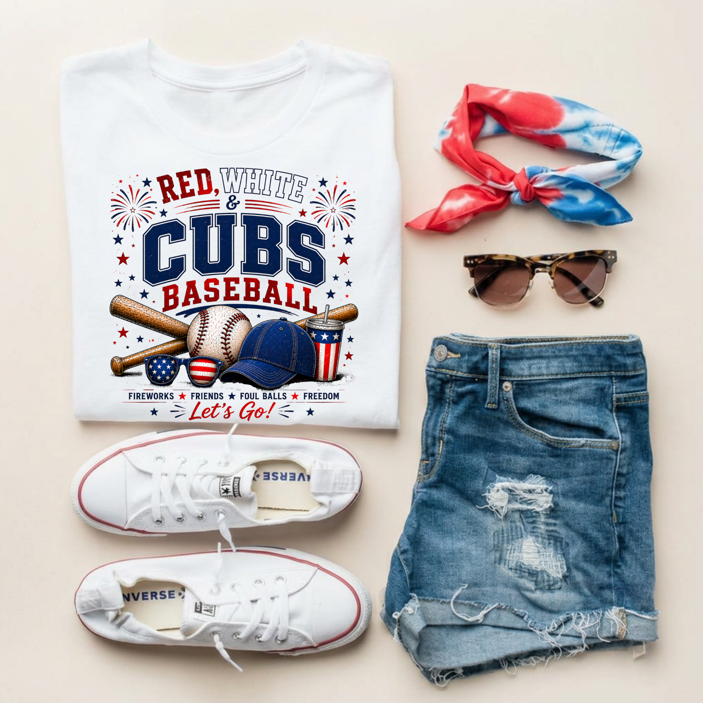 Baseball-themed t-shirt with accessories including shorts, sneakers, sunglasses, and a headband on a light background.