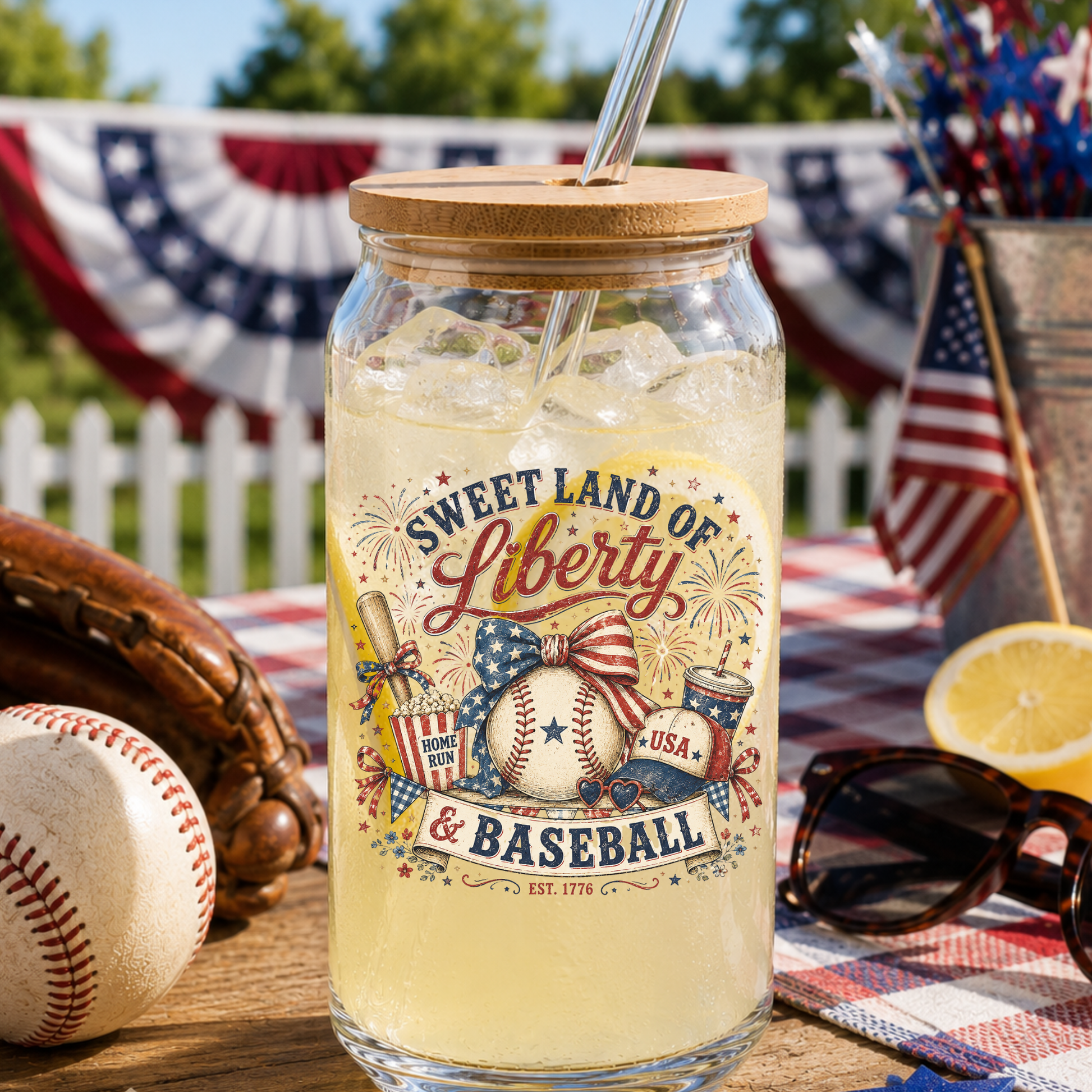 Glass jar with 'Sweet Land of Liberty & Baseball' design on a table with American flags and baseball equipment.