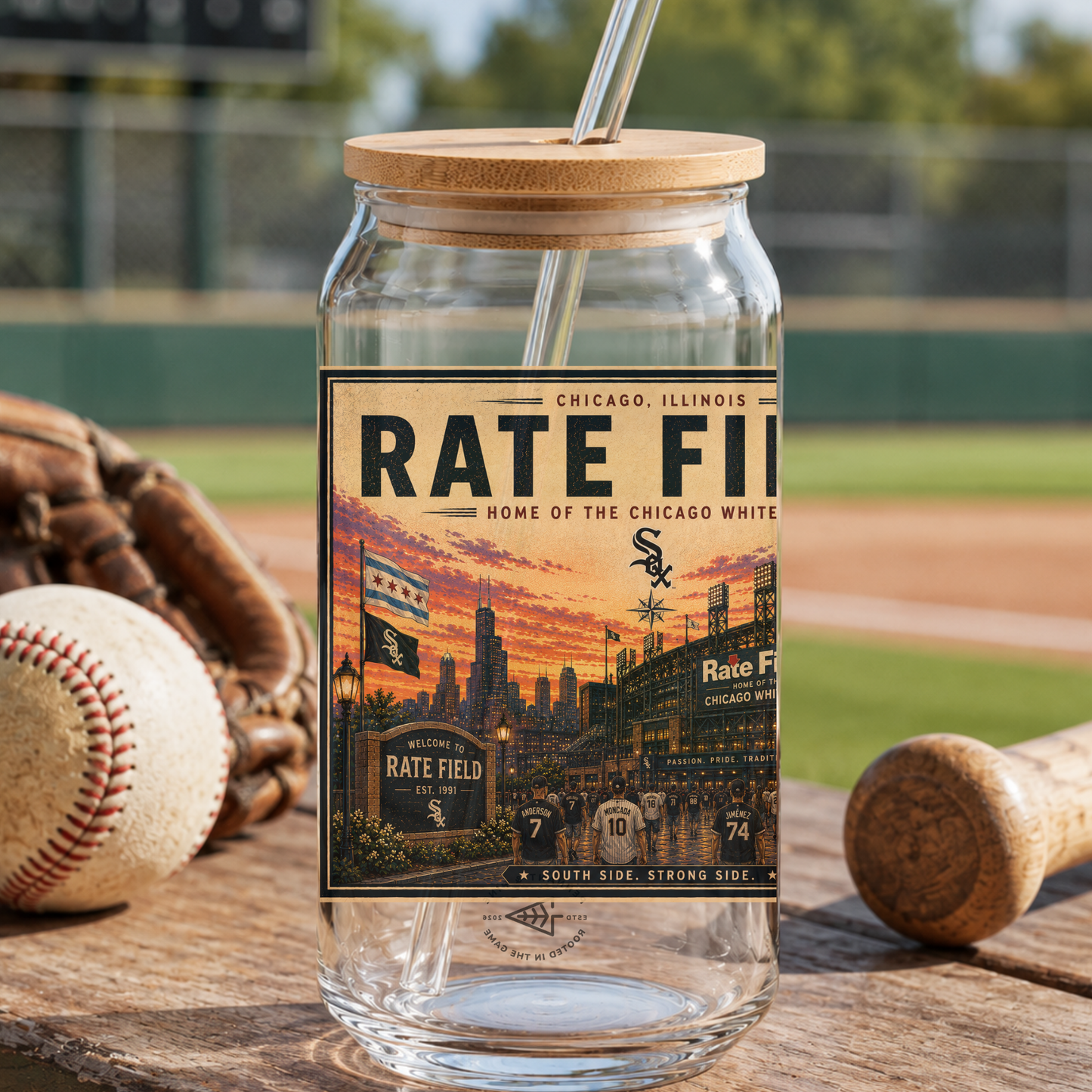 Glass tumbler with a 'Rate Field' label on a baseball field background