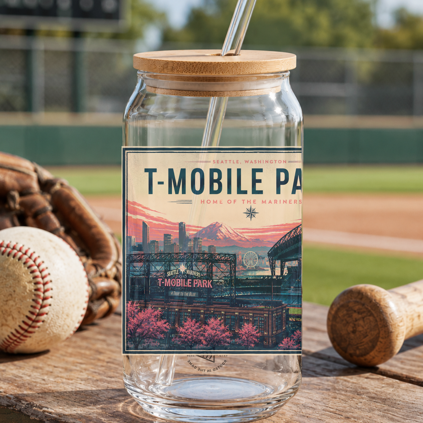 Glass jar with T-Mobile Park label on a baseball field background