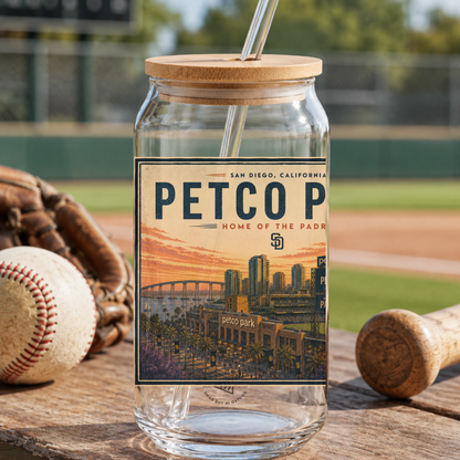 Glass jar with wooden lid and straw, featuring a 'PETCO Park' label, on a baseball field background.