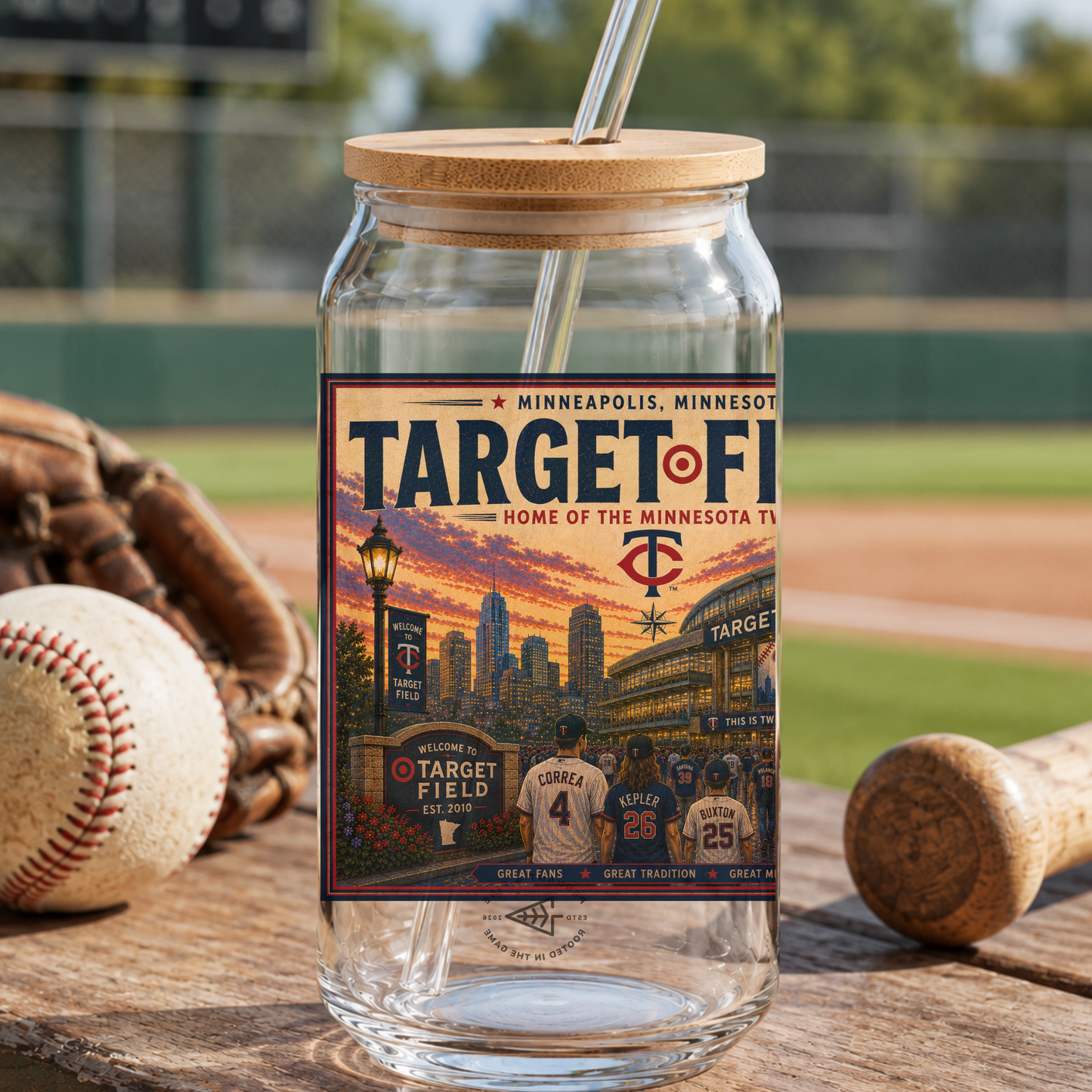 Glass tumbler with Target Field label on a baseball field background