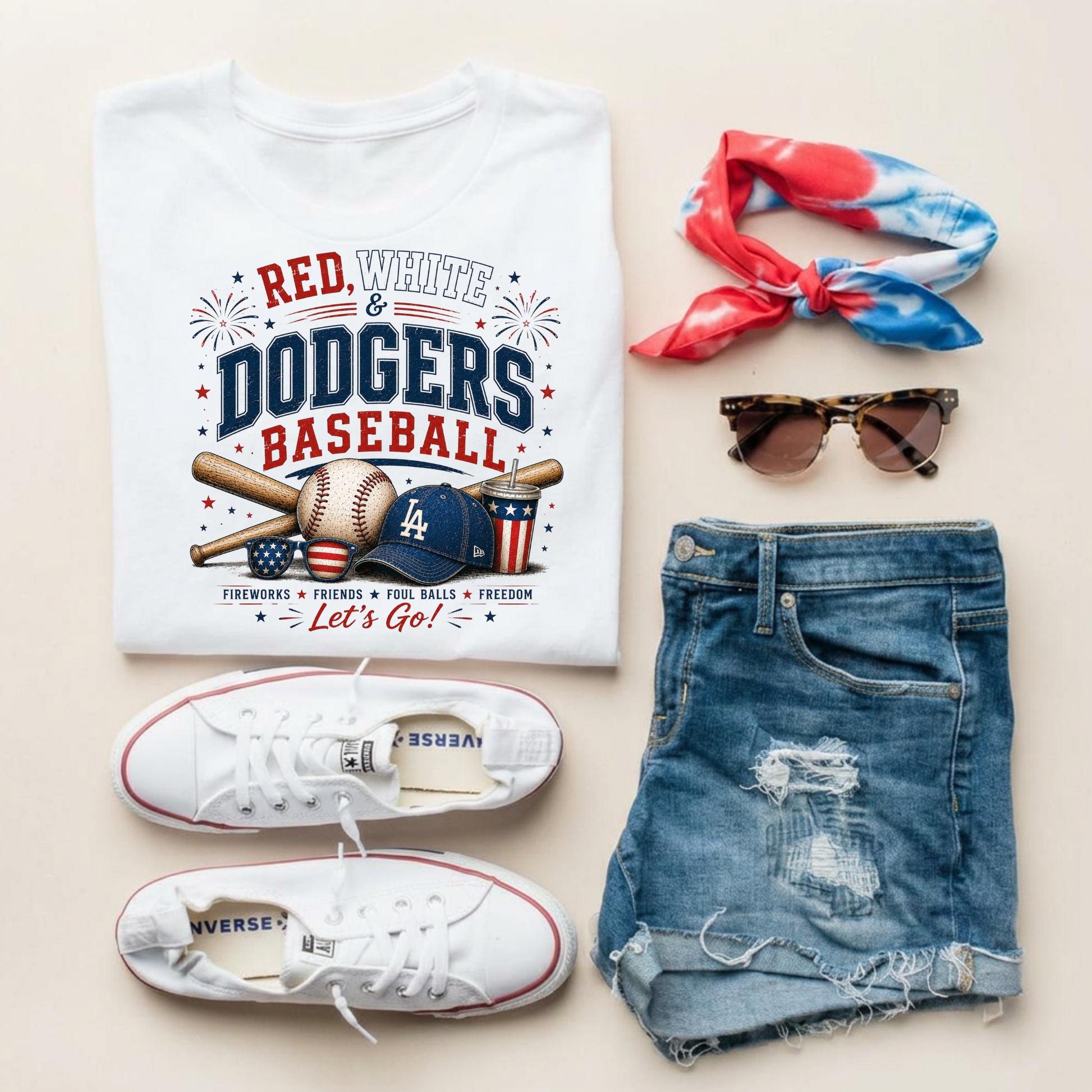 Baseball-themed t-shirt with accessories on a light background