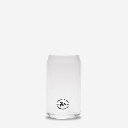Clear glass tumbler with a black logo on a white background