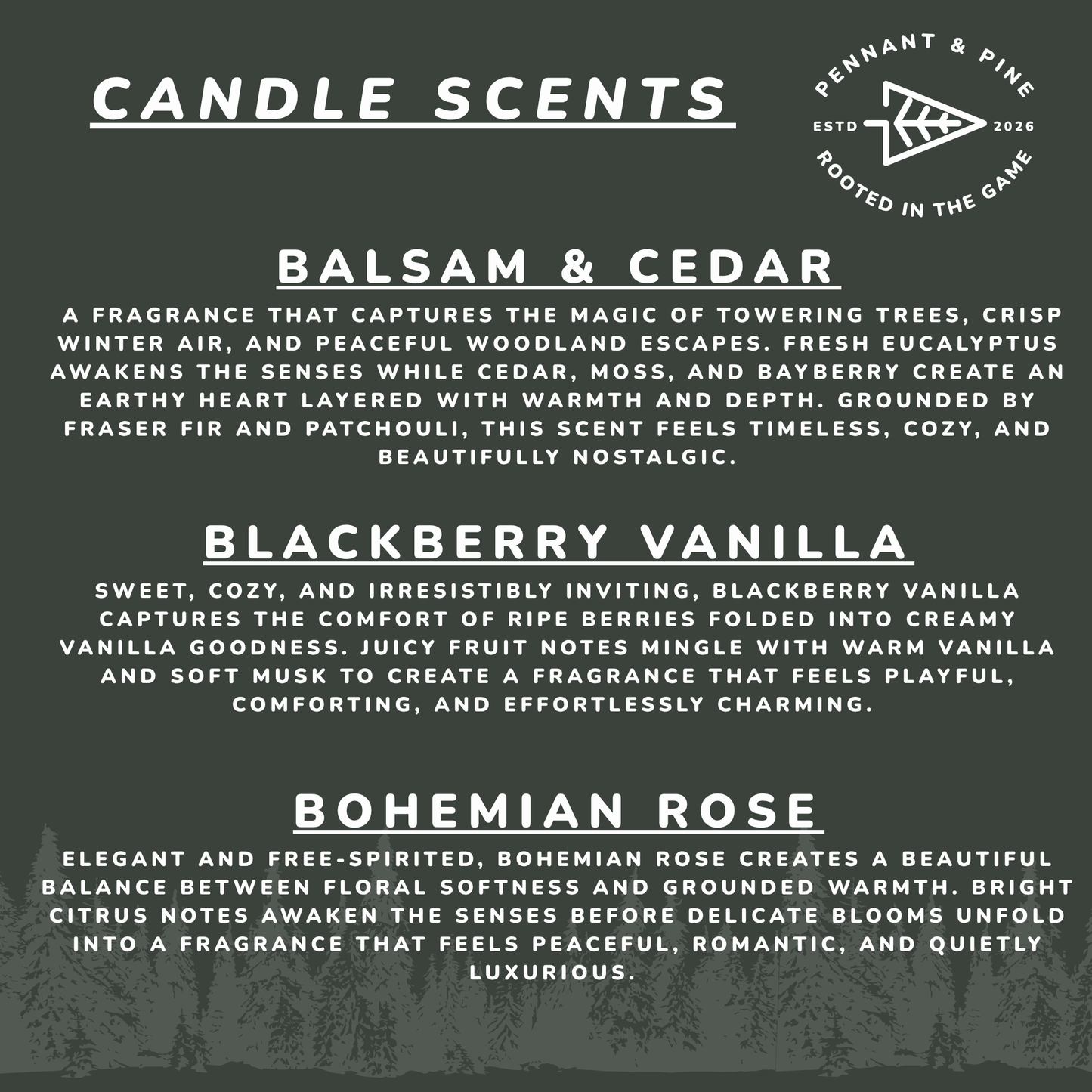 List of candle scents with descriptions on a dark background