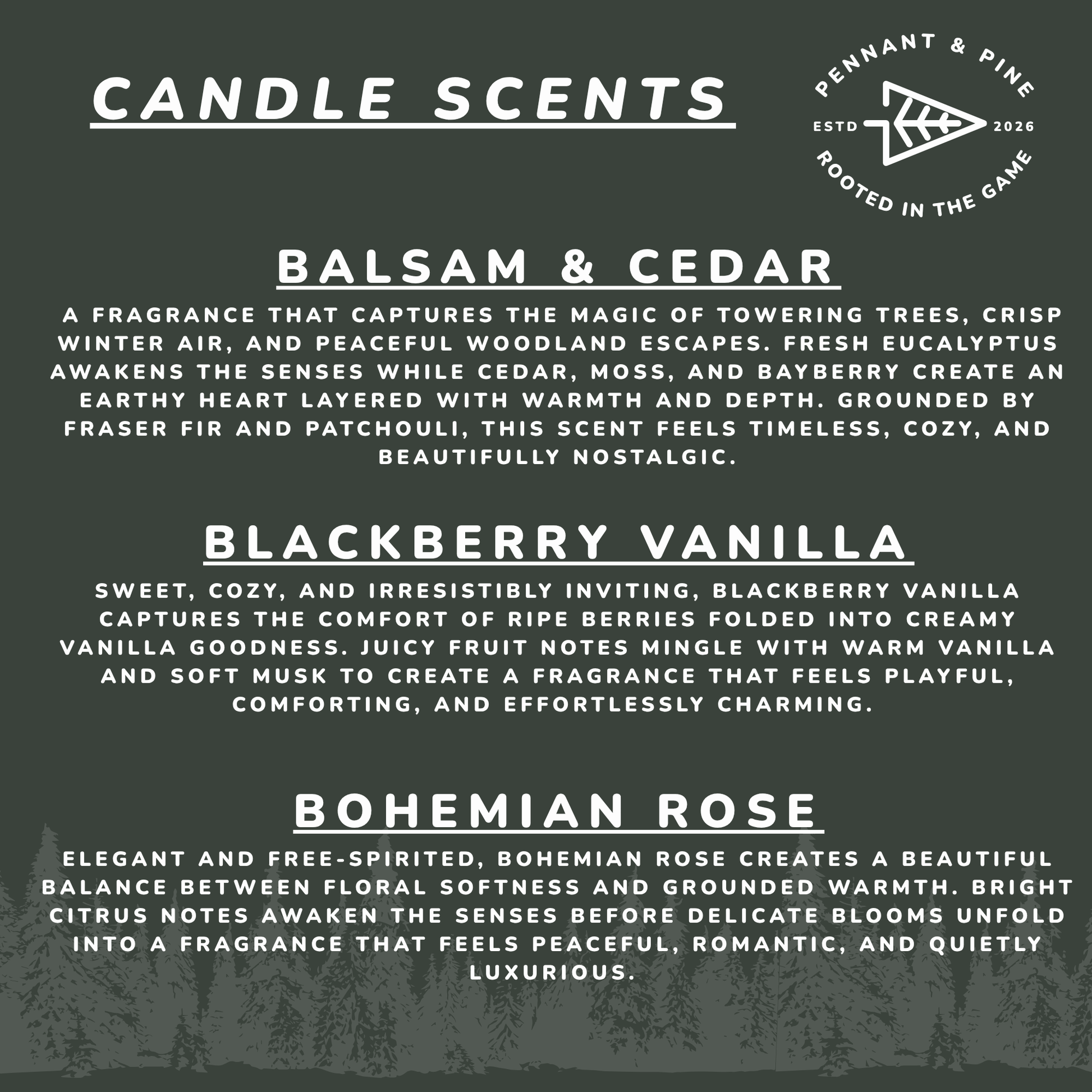 List of candle scents with descriptions on a dark background