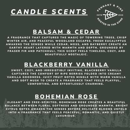 List of candle scents with descriptions on a dark background