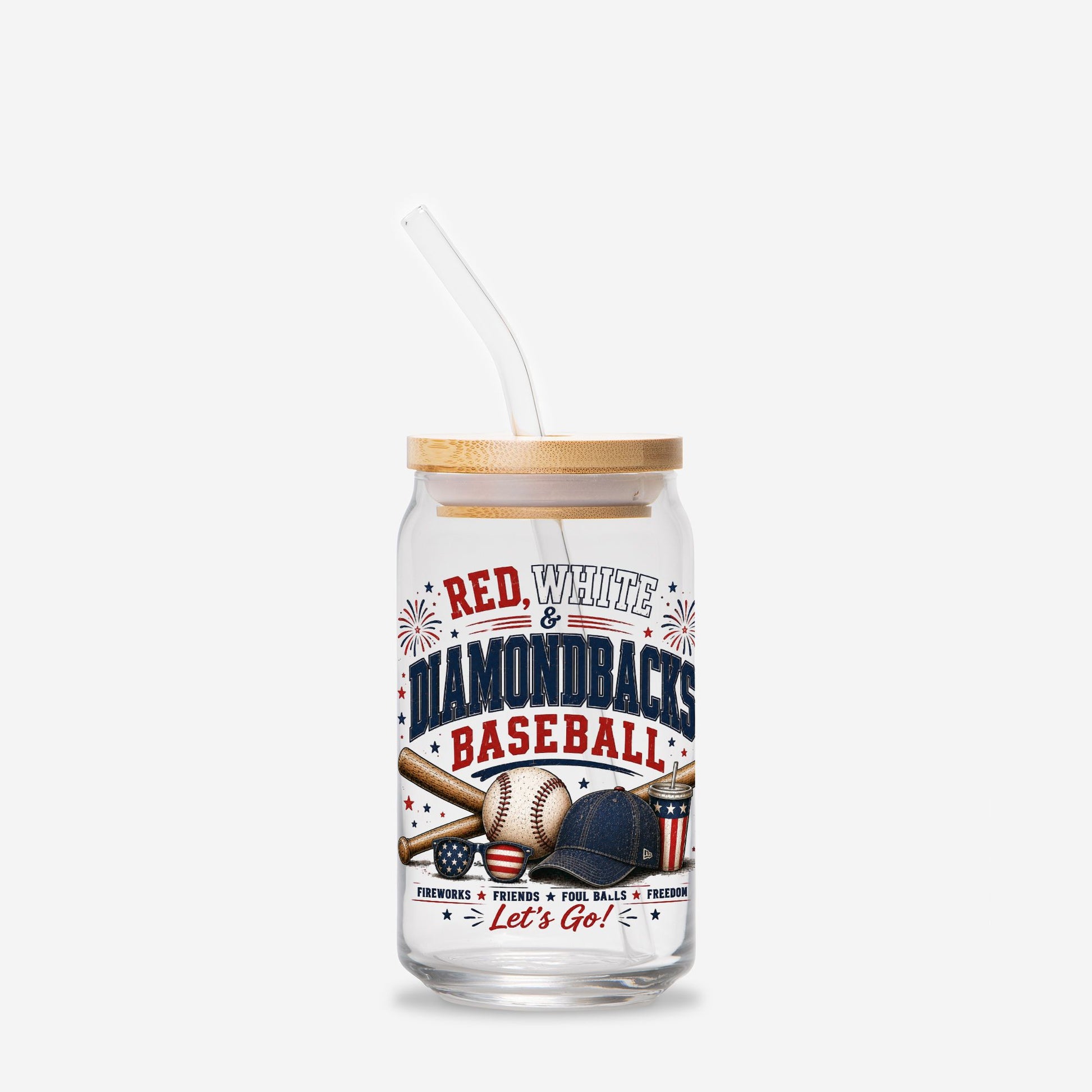Glass tumbler with straw featuring 'Red, White & Diamondbacks Baseball' design on a white background