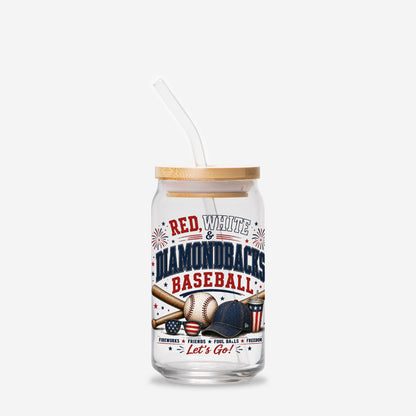 Glass tumbler with straw featuring 'Red, White & Diamondbacks Baseball' design on a white background