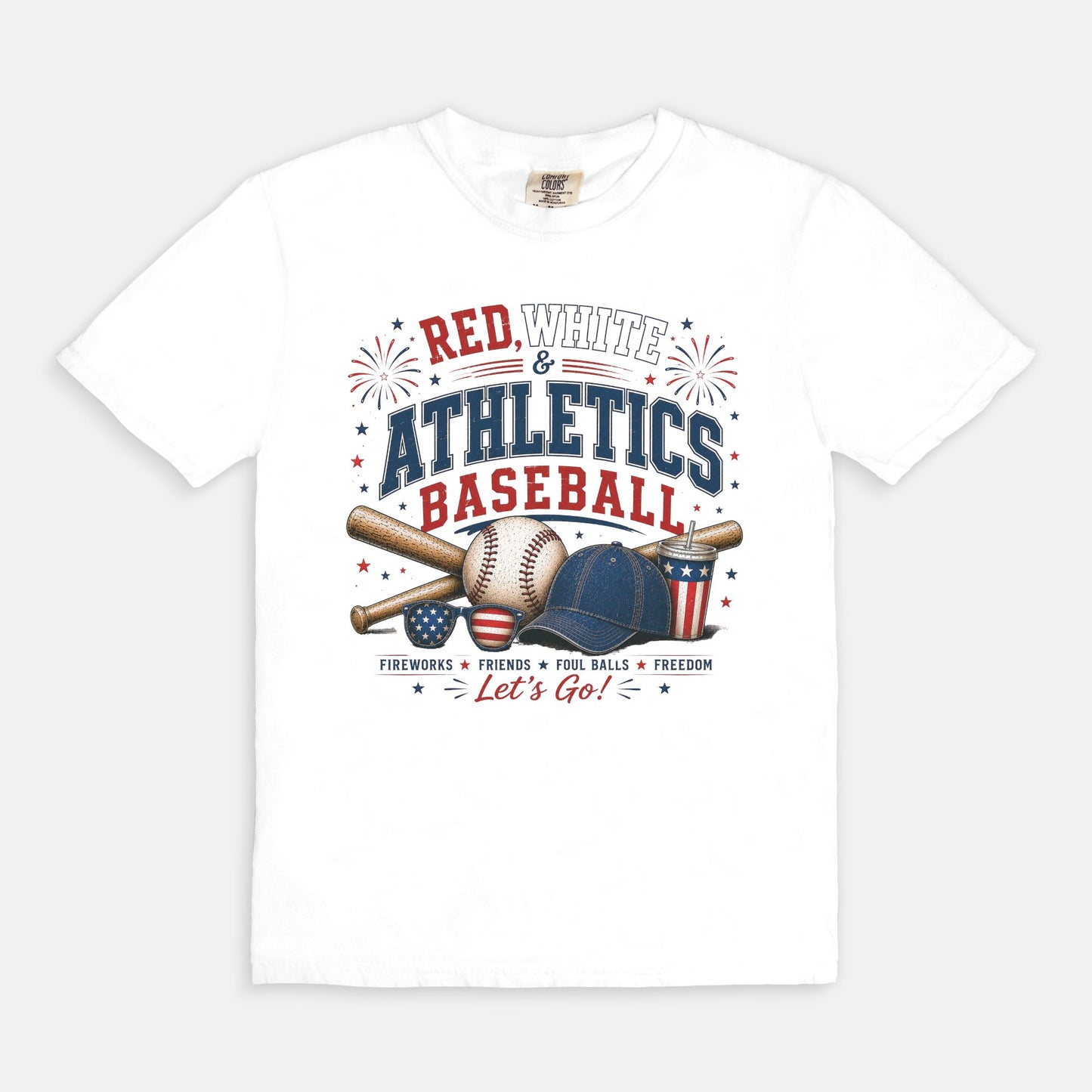 White t-shirt with baseball-themed design on a white background