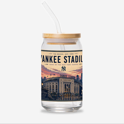 Glass tumbler with bamboo lid and straw featuring Yankee Stadium design on a white background