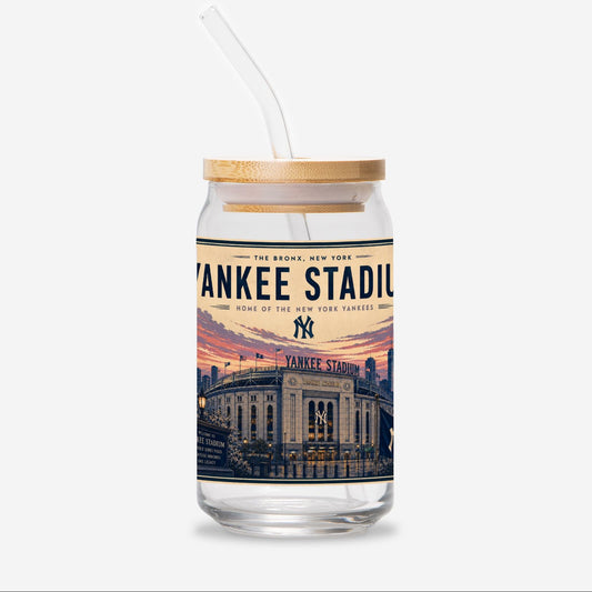 Glass tumbler with bamboo lid and straw featuring Yankee Stadium design on a white background