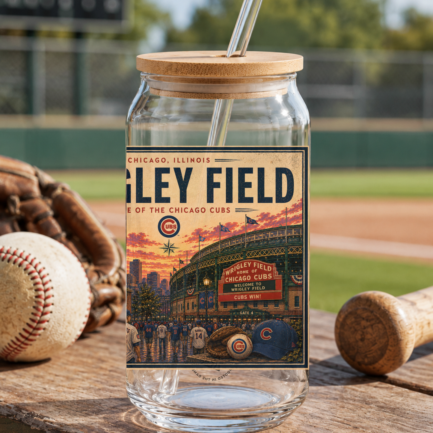 Glass tumbler with a 'Wrigley Field' design on a wooden surface with baseball equipment.