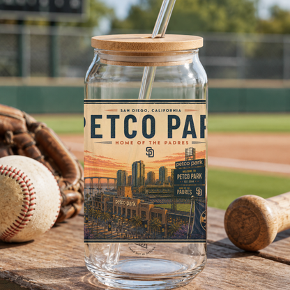 Glass tumbler with a 'Petco Park' label on a baseball field background