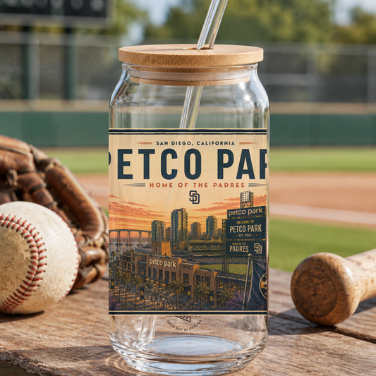 Glass tumbler with a 'Petco Park' label on a baseball field background
