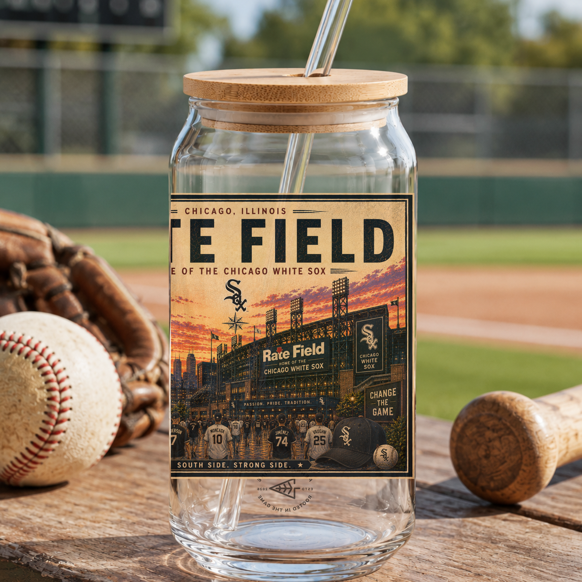 Glass tumbler with wooden lid on a baseball field background