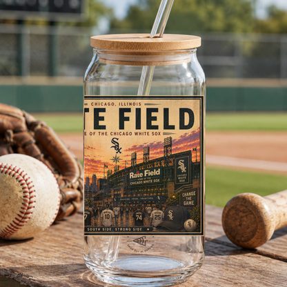 Glass tumbler with wooden lid on a baseball field background