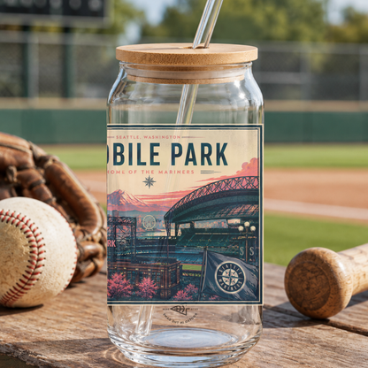 Glass jar with wooden lid and 'Bible Park' label on a baseball field background