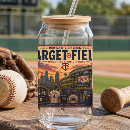 Glass tumbler with wooden lid on a baseball field, featuring Target Field design.