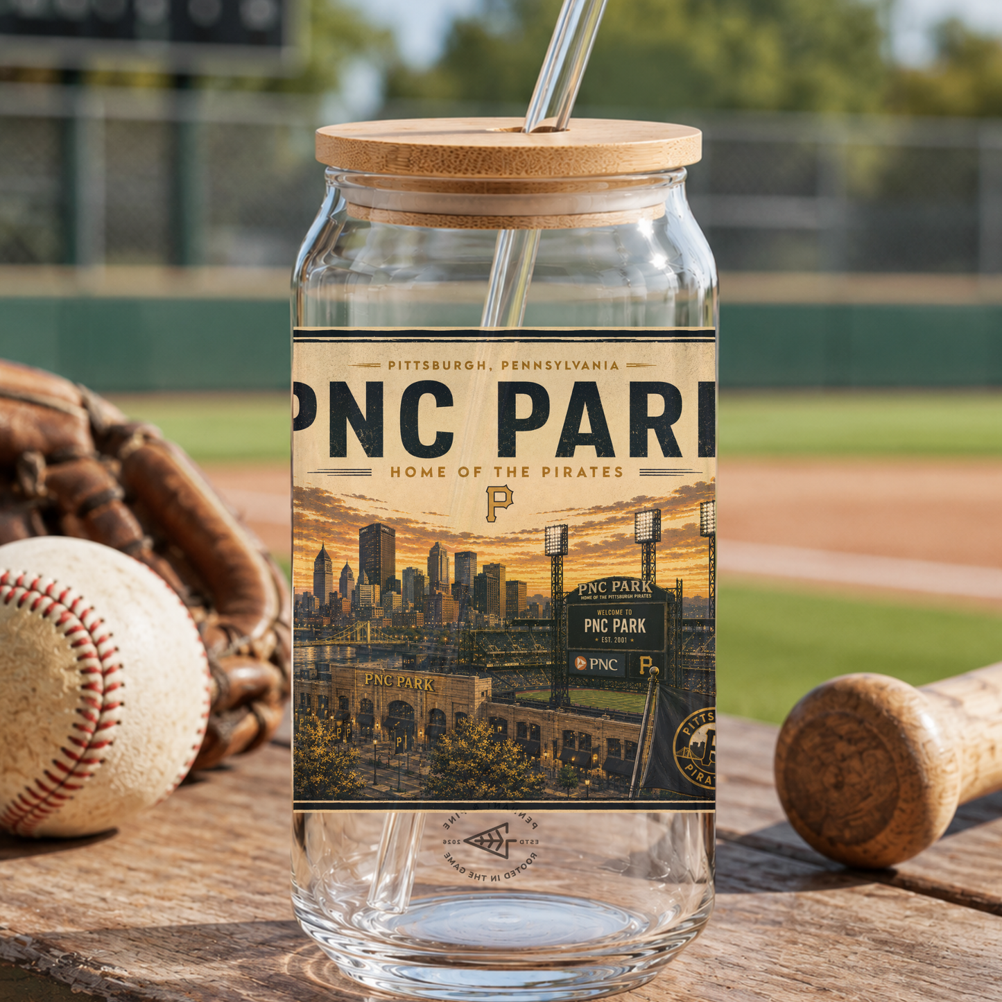 Glass tumbler with PNC Park label on a baseball field background