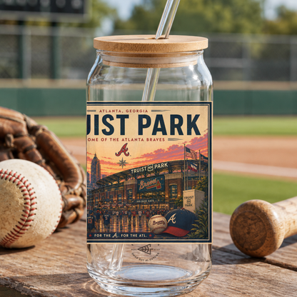 Glass tumbler with a 'Trust Park' label on a baseball field background